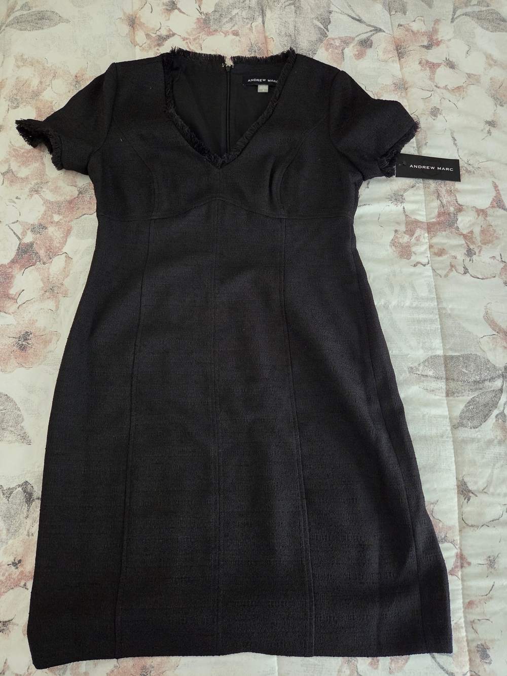Andrew Marc Black Short Sleeve V-Neck Sheath Dress with Frayed Trim. NWT
